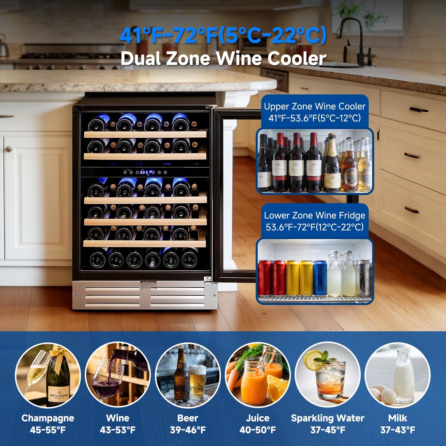 BODEGA 24 Inch Dual Zone Wine Fridge, 46 Bottle Built-in Wine Cooler with Compressor Cooling, Double-Layer UV Glass Door, Digital Thermostat & ≤35dB Quiet – Freestanding Fridge for Home Kitchen Bar
