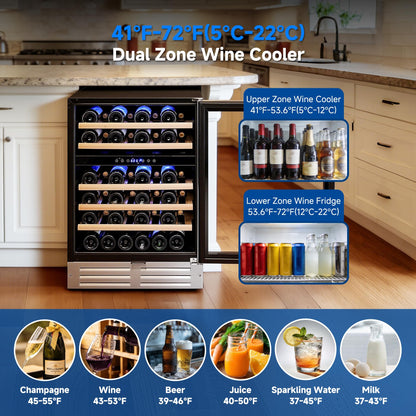 BODEGA 24 Inch Dual Zone Wine Fridge, 46 Bottle Built-in Wine Cooler with Compressor Cooling, Double-Layer UV Glass Door, Digital Thermostat & ≤35dB Quiet – Freestanding Fridge for Home Kitchen Bar