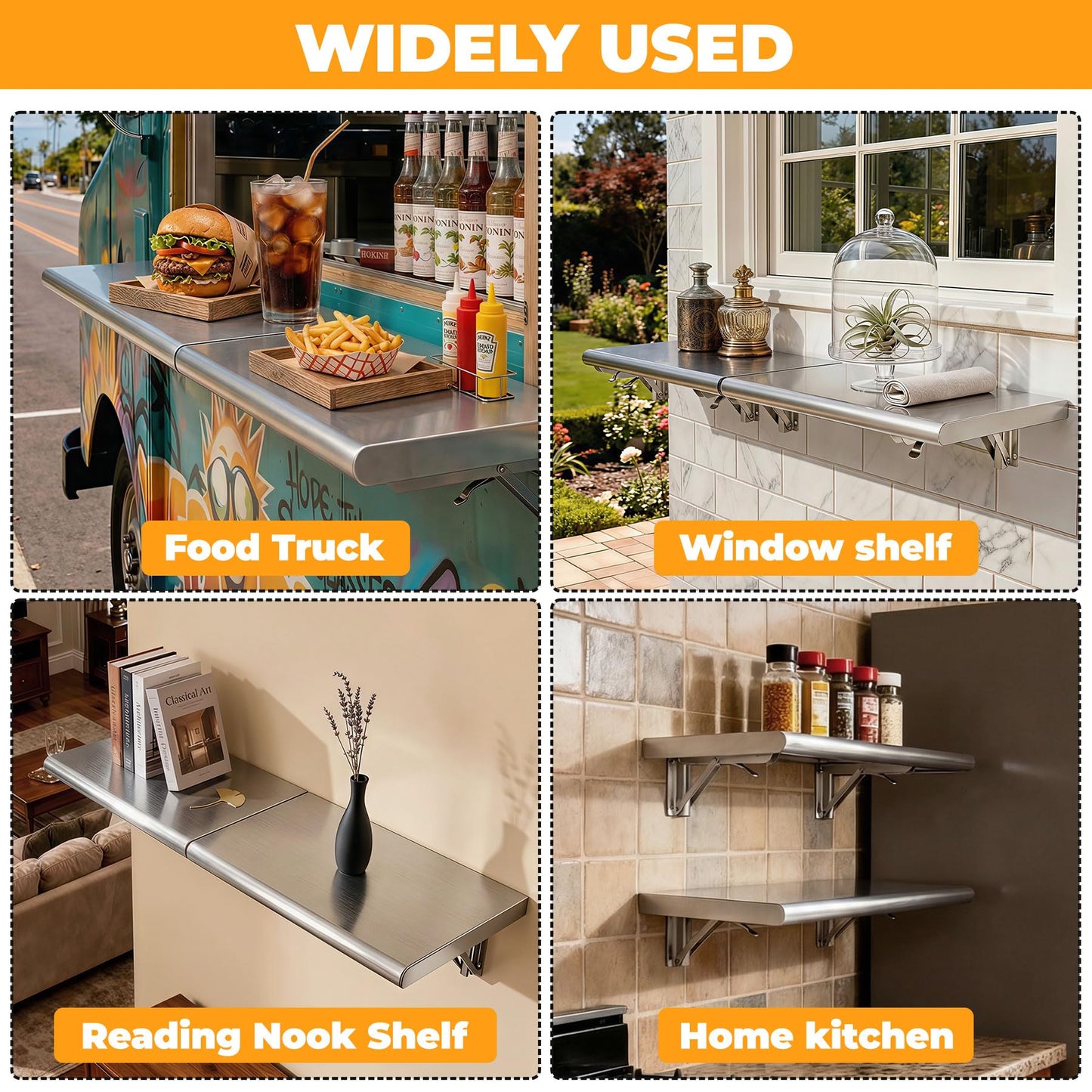 72" x 12" Split Stainless Steel Folding Concession Shelf,Heavy-Duty Drop-Down Serving Window Shelf, Wall-Mounted Folding Serving Food Shelf Stand for Food Trucks, Concession Stands & Commercial Use