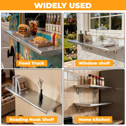 72" x 12" Split Stainless Steel Folding Concession Shelf,Heavy-Duty Drop-Down Serving Window Shelf, Wall-Mounted Folding Serving Food Shelf Stand for Food Trucks, Concession Stands & Commercial Use