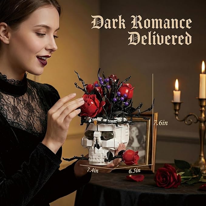 Gothic Skull Roses Flower Building Set for Adults Horror Botanical Skeleton Pot Home Table Decor Cool Unique Collectible Halloween &amp Valentine's Day Gifts with Box (1376 PCS)