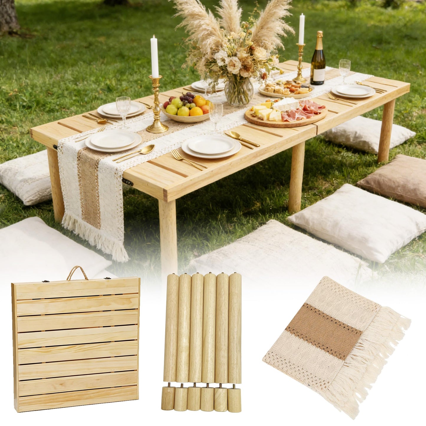 Gereat 48" X 24" Boho Low Picnic Table, Portable Wooden Picnic Table with 3 Adjustable Heights, Natural Pine Wood Floor Table for Camping, Weddings, Beach & Family Gatherings, Seating for 2-4 People