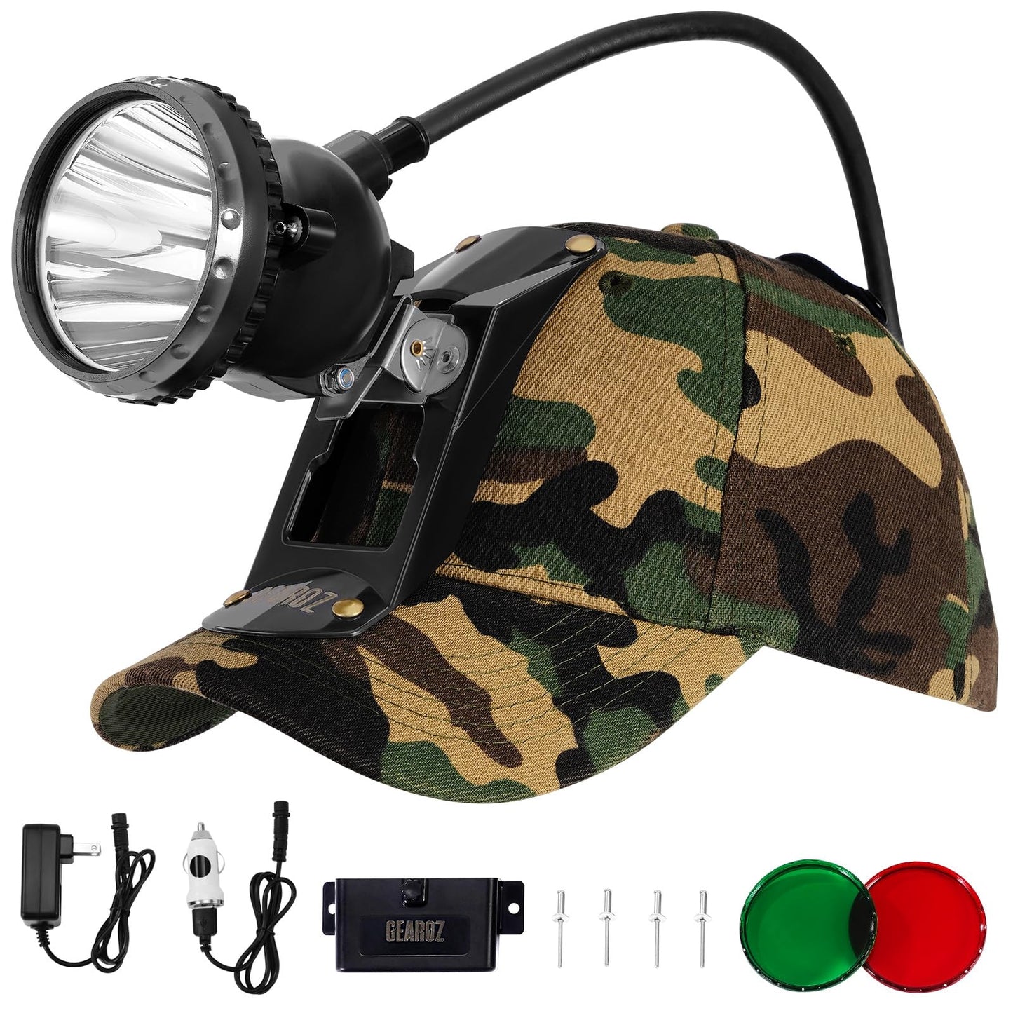 GearOZ 10W Coon Hunting Lights Headlamp for Coyotes Hog Predators, 4 Lighting Modes, IPX5 Waterproof Camping Hiking Fishing Headlamp Rechargeable 400 Lumens Bright Headlight with Hunting Cap