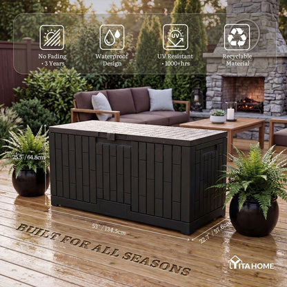 YITAHOME 120 Gallon Large Deck Box, 53"L x 22.7"W x 25.5"H Resin Outdoor Storage Box with Slide-Locking Lid for Patio Cushions, Garden Tools, Pool Supplies, Easy Assembly, Waterproof Lockable, Black