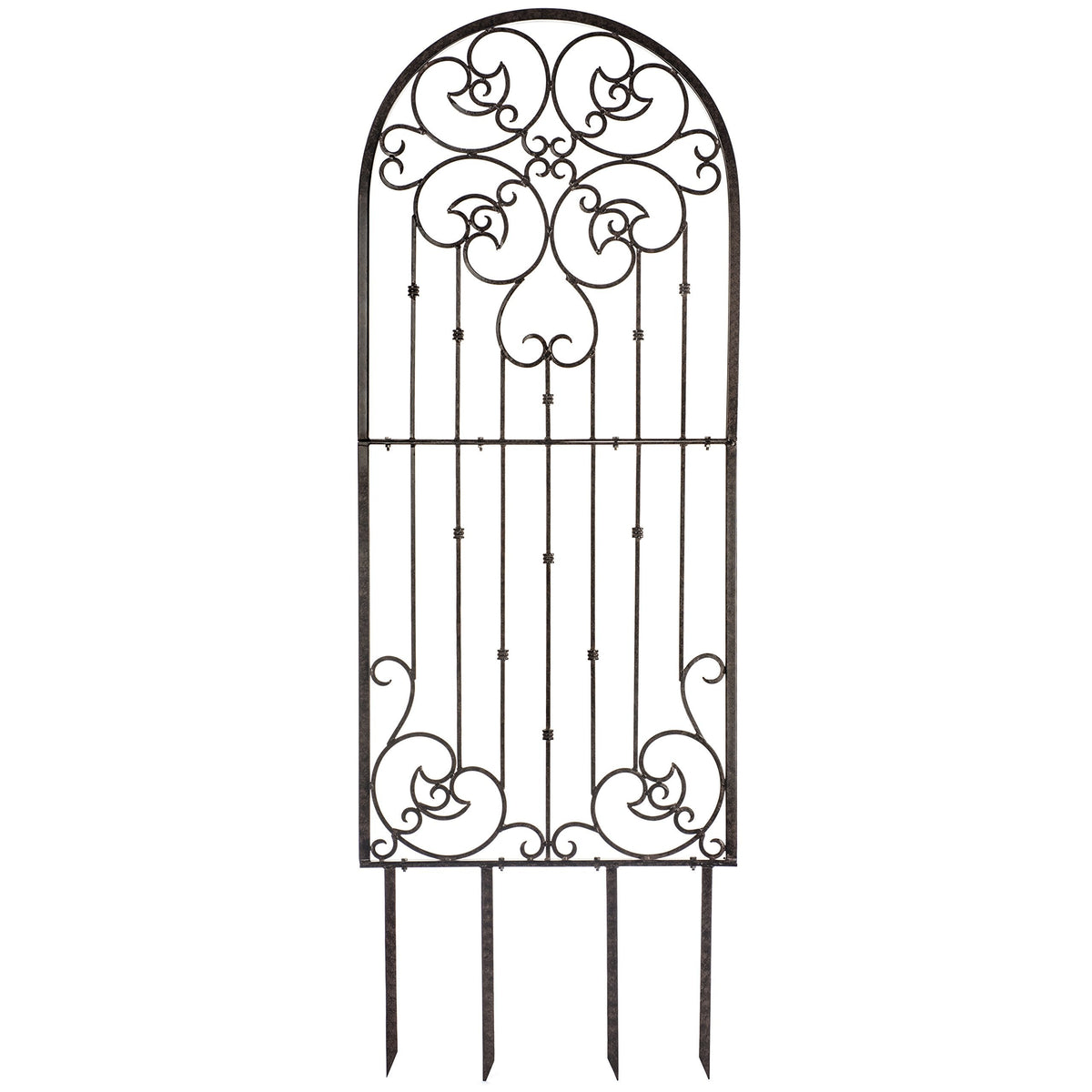 H Potter 72” Heavy Duty Garden Trellis – 60 lb Solid Iron Scrollwork Panel, 1” Metal Frame with Ground & Stabilizing Stakes (Charcoal Brown)