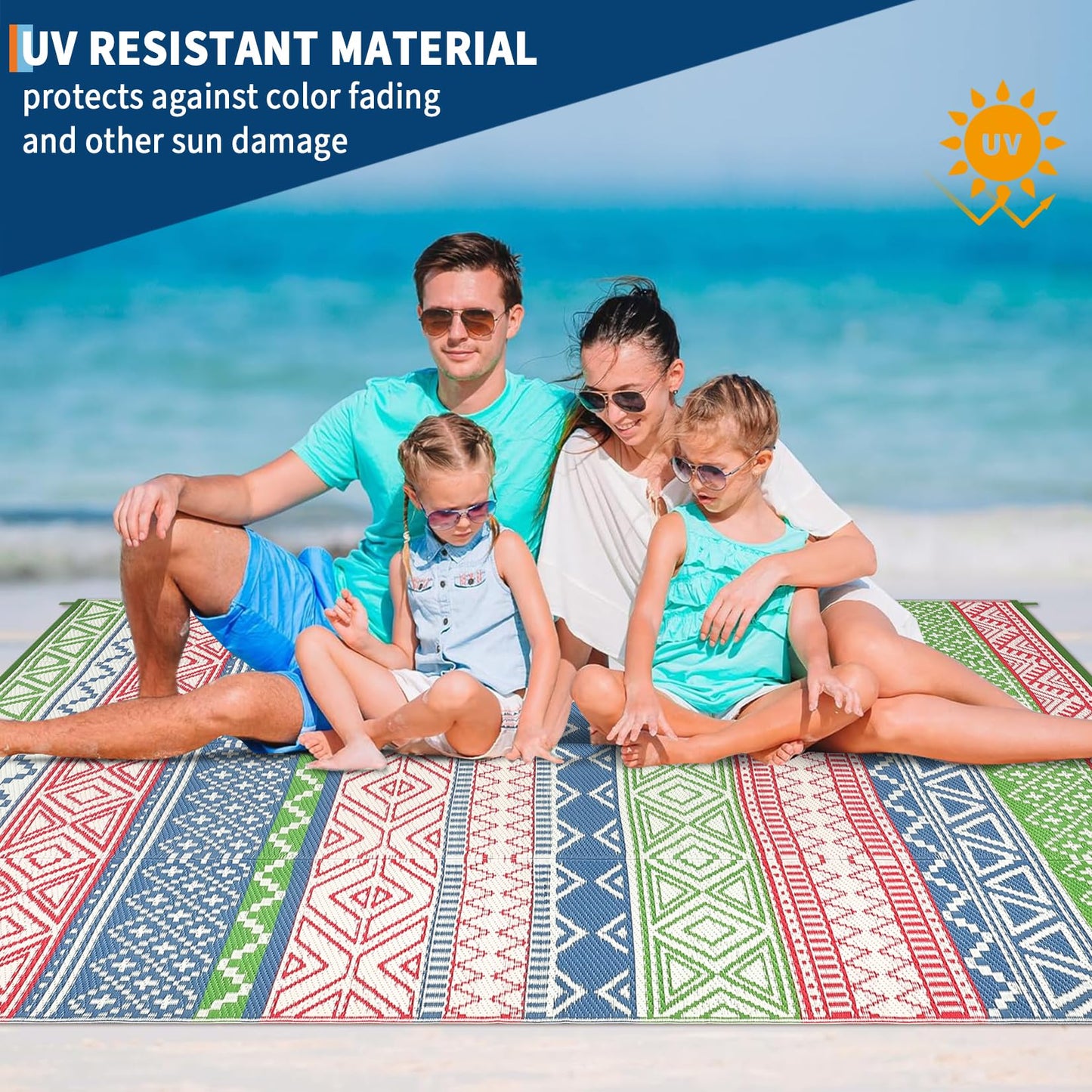 LUXLOOM Outdoor Patio Rug 10x20 Outdoor Rug Boho Plastic Straw Rugs for Patio Reversible Mat Waterproof Camping Rugs for RV Beach Deck Picnic Backyard Porch Easy Clean Floor Cover, Green Blue