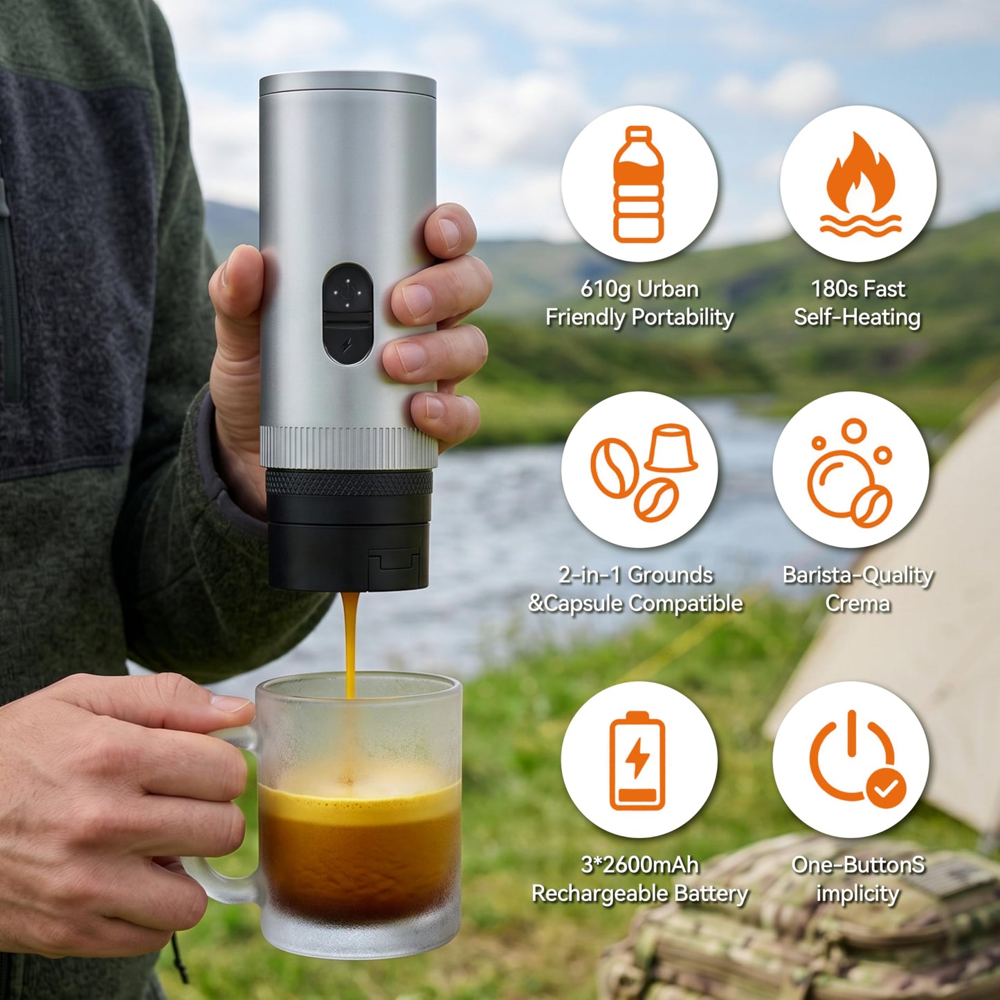 Portable Coffee Maker Electric Espresso Machine, 20 Bar Coffee Espresso Maker for Travel Self-Heating, Battery Powered with USB-C, 7800mAh, 2-IN-1 for Ground Coffee & NS Capsule, for Hiking, Office,RV