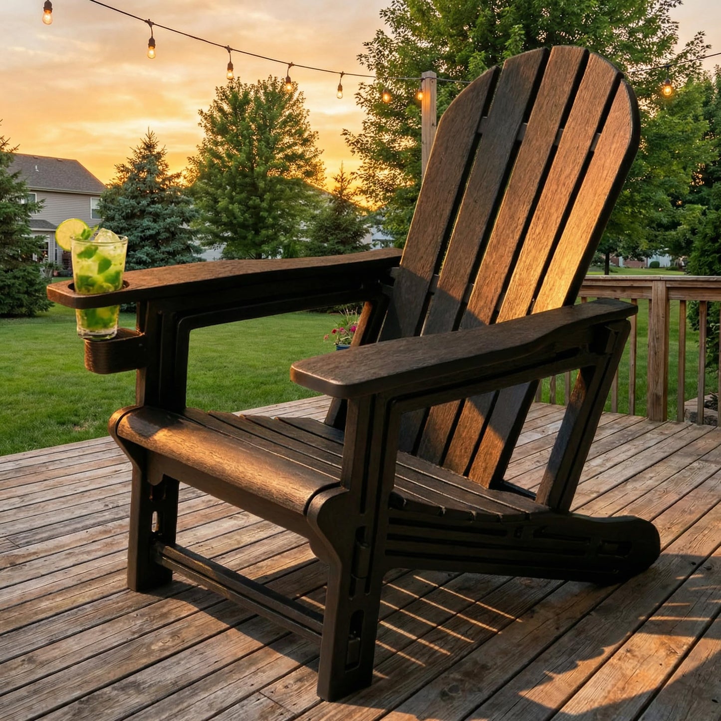 Adirondack Chair with Cup Holder,Tool-Free Assembly,No Screws Needed,All-Weather HDPE Plastic Outdoor Patio Chair,Wood-Grain Slatted Look,Easy to Take Apart for Storage,Fire Pit Chairs(Classic Black)