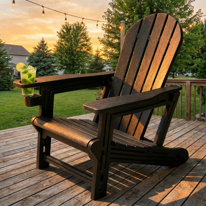 Adirondack Chair with Cup Holder,Tool-Free Assembly,No Screws Needed,All-Weather HDPE Plastic Outdoor Patio Chair,Wood-Grain Slatted Look,Easy to Take Apart for Storage,Fire Pit Chairs(Classic Black)