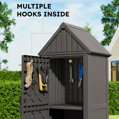 WTFGO Vertical Outdoor Storage Shed, Waterproof Resin Outdoor Storage Cabinet with Removable Shelves & 12 Hooks, Lockable Small Tool Shed for Garden, Backyard, Patio, Pool, Gray