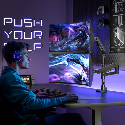 ARES WING Dual Monitor Arm Desk Mount for 17-49 Inch Ultrawide Monitors, Heavy Duty Dual Monitor Mount Holds 44 lbs, Full Motion Gas Spring Vertical Stacked Monitor Mount, 75/100 VESA Mount, Black