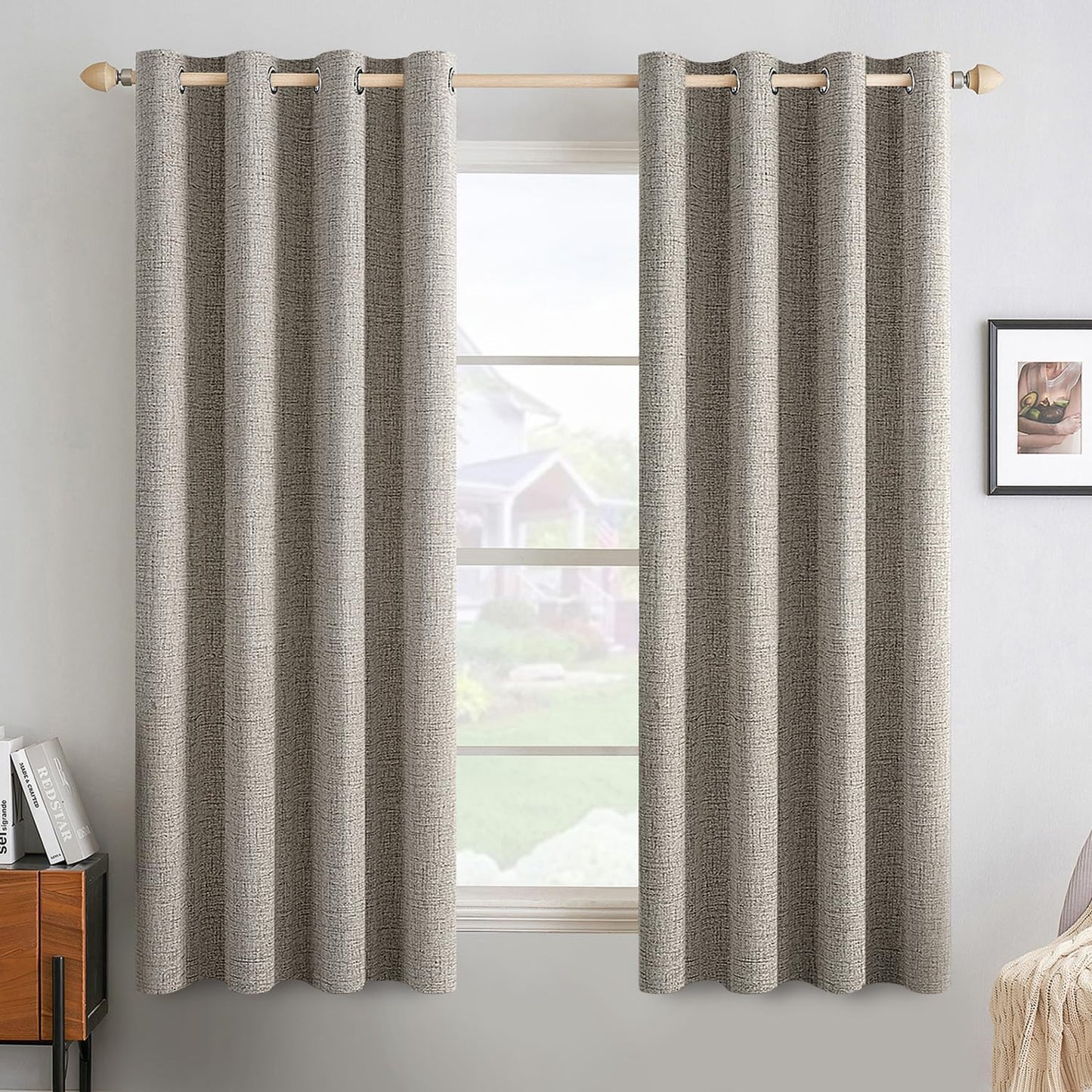 MIULEE Linen Curtains - 100% Blackout Thermal Insulated Drapes | Greige, 52x63 Inch (2 Panels)