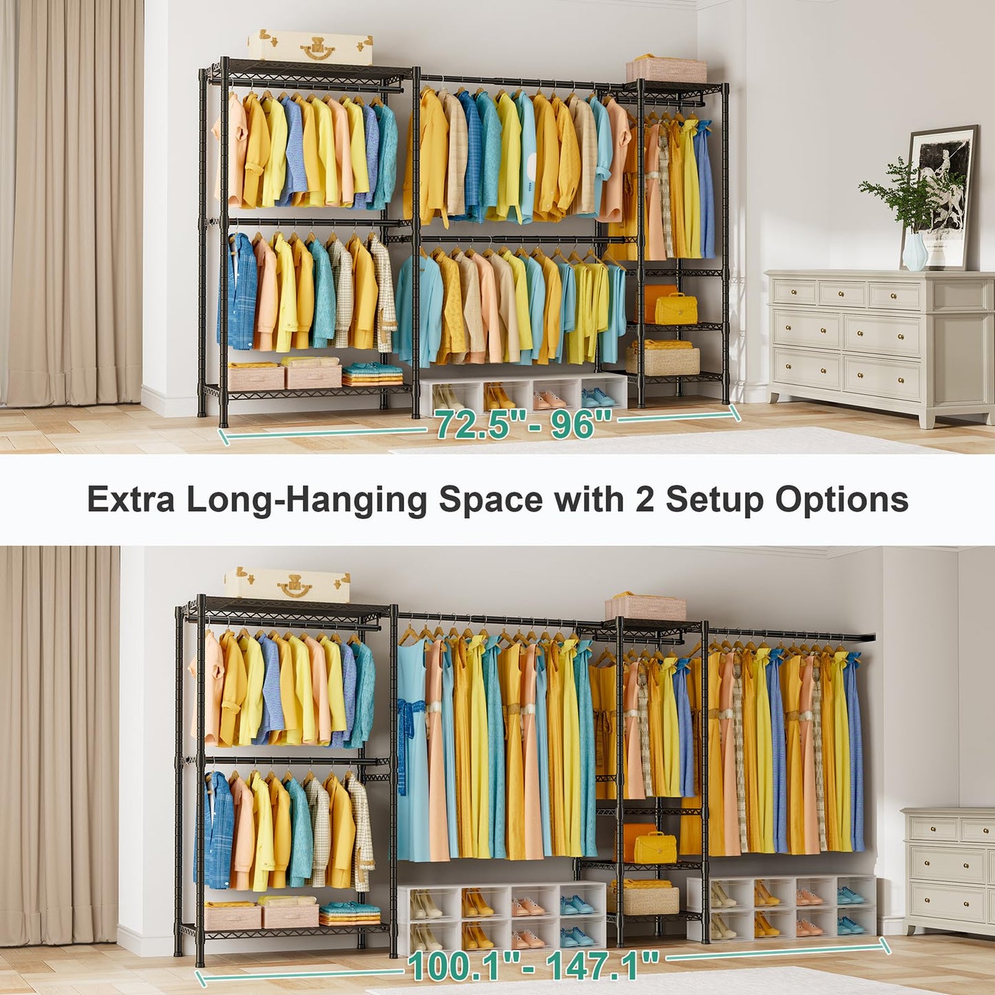 SEMHOR E01 Expandable Heavy Duty Clothes Rack, Free Standing Closet System Organizer, Adjustable Portable Carbon Steel Garment & Clothing Racks for Hanging Clothes (72.5-96"), 800LBS Max Load, Black