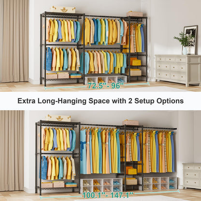SEMHOR E01 Expandable Heavy Duty Clothes Rack, Free Standing Closet System Organizer, Adjustable Portable Carbon Steel Garment & Clothing Racks for Hanging Clothes (72.5-96"), 800LBS Max Load, Black