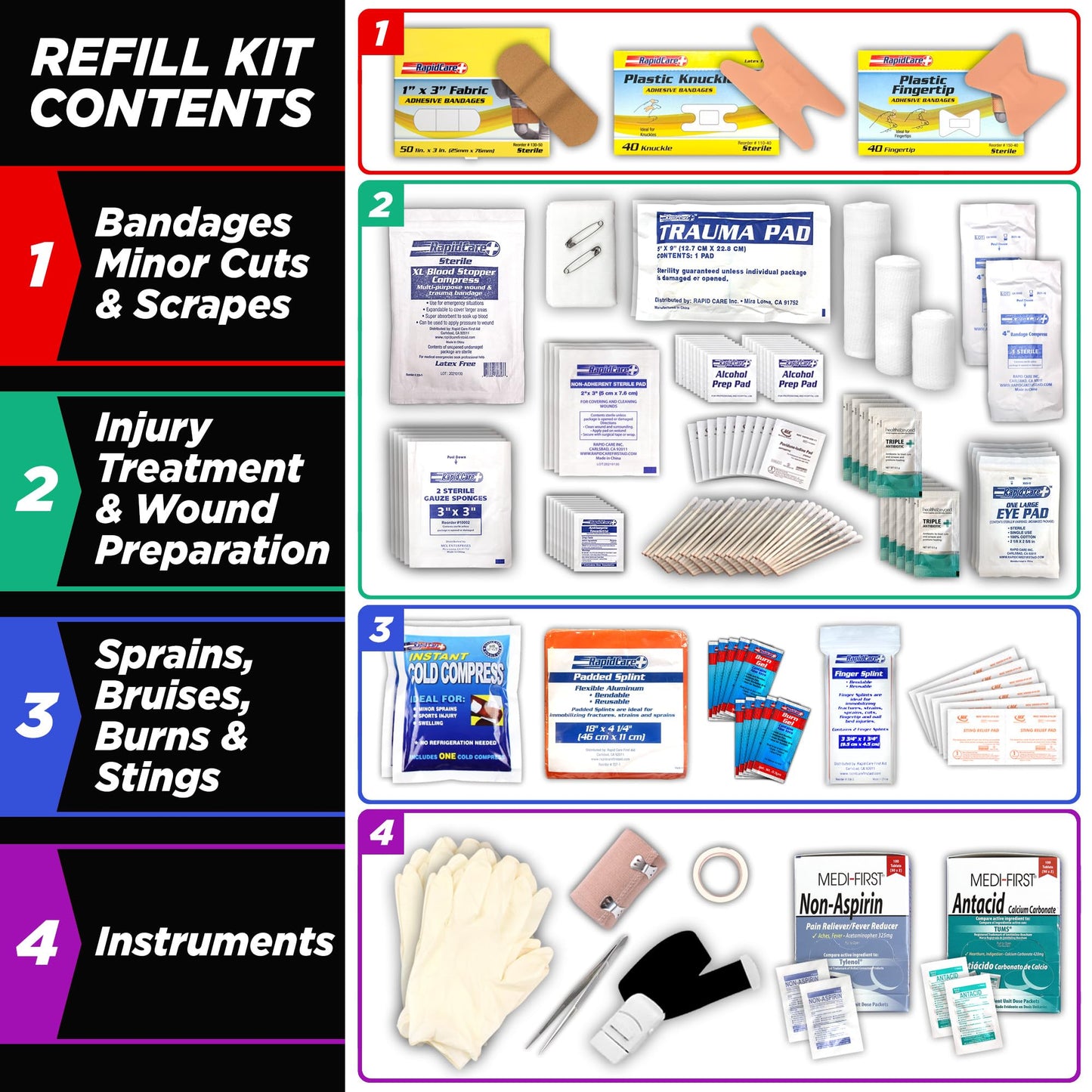 Rapid Care 3-Shelf First Aid Refill Kit - 525 Piece OSHA & ANSI Compliant Refill for First Aid Cabinets, Serves 75+ People, Color-Coded Workplace, School & Office First Aid Supplies
