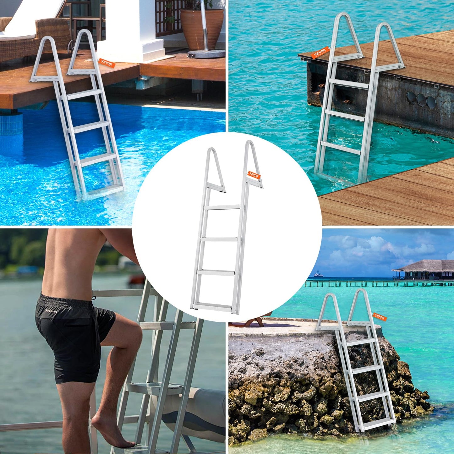 VEVOR Removable Dock Ladder 4 Steps, 350 lbs Load Capacity, Pontoon Boat Ladder with 4'' Wide Step & Nonslip Mat for Ship/Lake/Pool/Marine Boarding