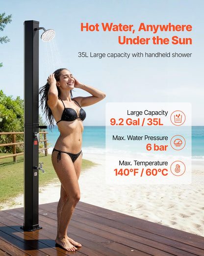 VEVOR Solar Shower, 9.2 Gal, 6.4FT Showerhead Height Outdoor Shower, Black, with Handheld & Foot Faucet, Hot & Cold Water Adjustment, Freestanding for Backyard Poolside Beach Pool