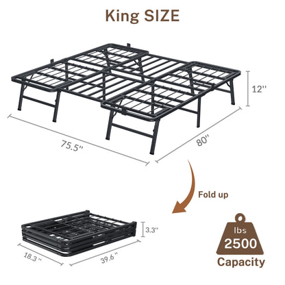 VIPSHOW 12 Inch King Metal Bed Frame Folding Bed Frame Tool-Free Assembly Mattress Foundation No Box Spring Needed Platform 2500lbs Heavy Duty Steel Slats, Noise-Free, Easy Assembly, Black