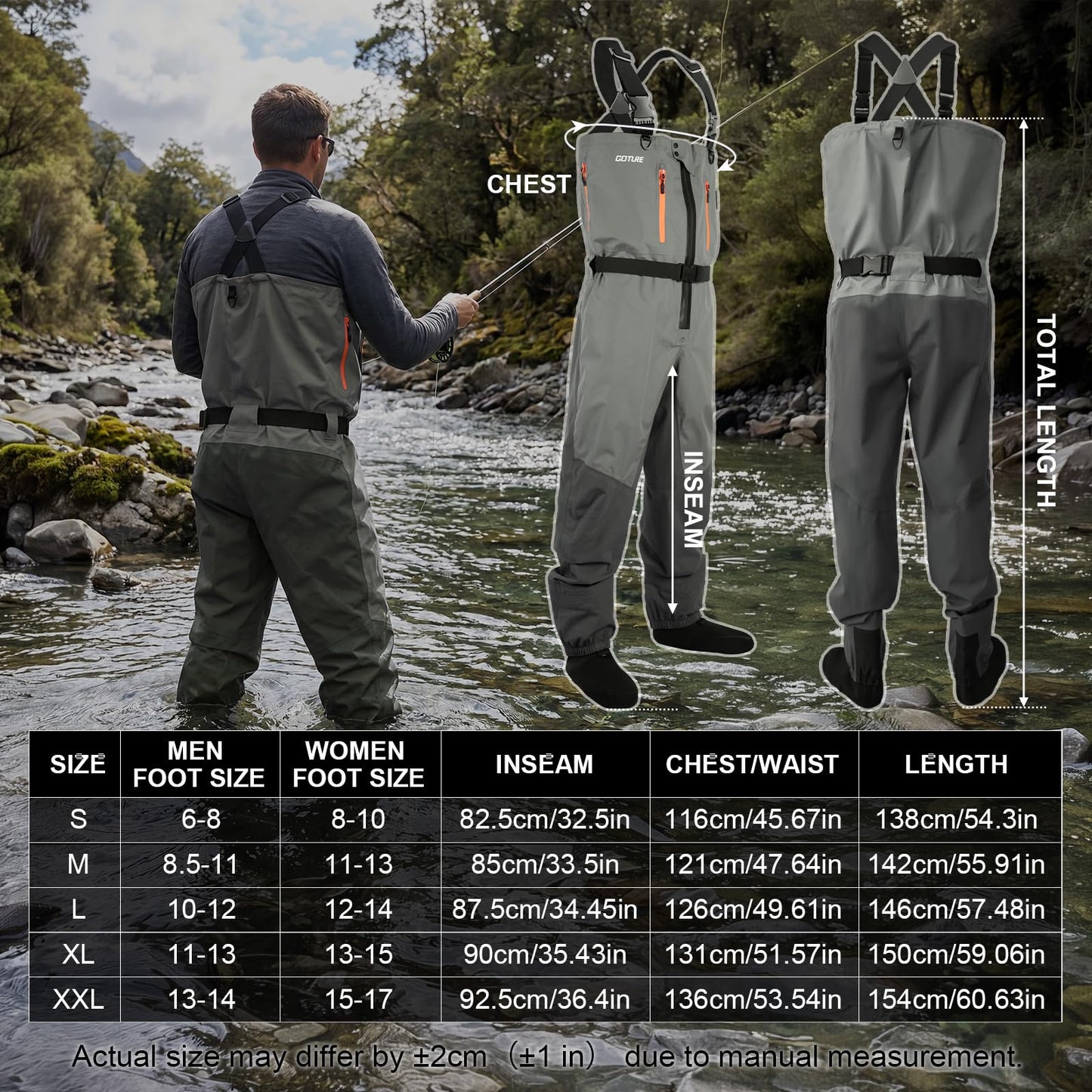 Goture 5-Layer Waterproof Zip Front Stocking Foot Waders, Breathable Fly Fishing Waders for Men Women with Handwarmer, Multiple Storage Pockets, Waist Belt, Fishing Chest Wader for Fishing XL