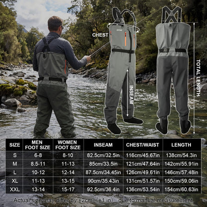 Goture 5-Layer Waterproof Zip Front Stocking Foot Waders, Breathable Fly Fishing Waders for Men Women with Handwarmer, Multiple Storage Pockets, Waist Belt, Fishing Chest Wader for Fishing XL