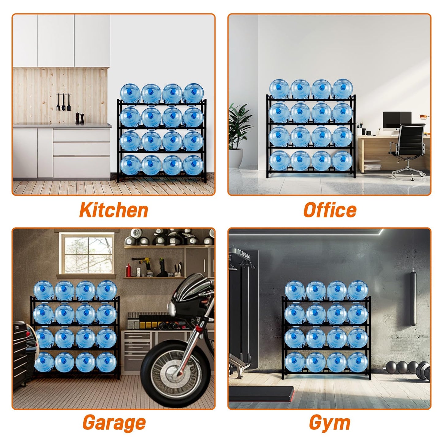 UMORNING 16-Tray Water Cooler Jug Rack - Heavy Duty Carbon Steel 5 Gallon Water Dispenser Jug Holder Stand With 4-Tier Organizer For Home, Office, Kitchen, Warehouse - Black