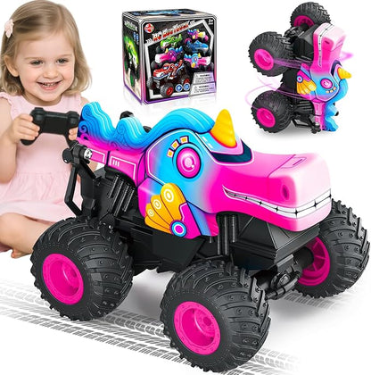 YongnKids Remote Control Car for Girls 2.4Ghz Unicorn Monster Trucks with Light &amp MusicUnicorn Toys for Girls Age 3 4 5 6 7 8 Years 360° Rotating All Terrain RC Stunt Car Rechargeable Xmas Gift
