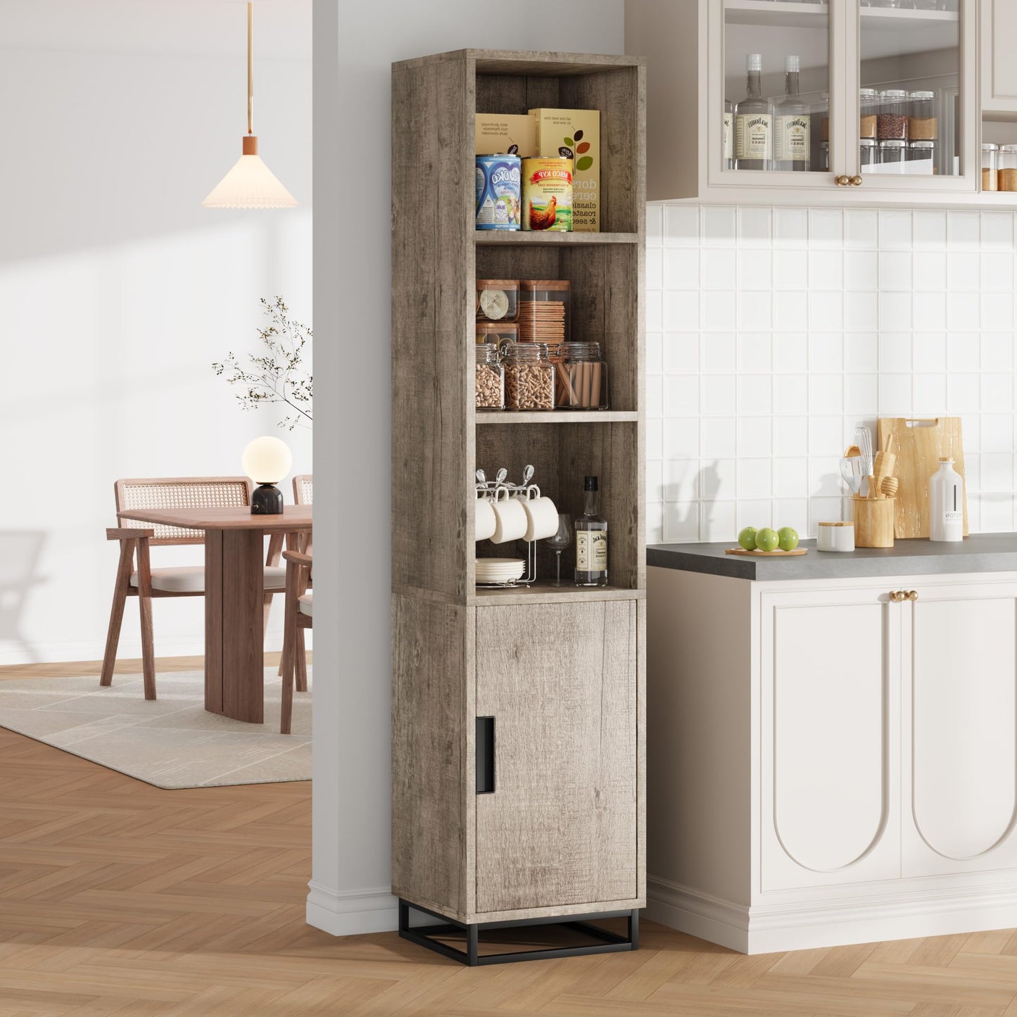 GarveeHome Narrow Bathroom Cabinet, 70" Tall Storage Cabinet with Metal Frame Base and Adjustable Shelf, Open Storage Freestanding for Laundry Room, Living Room, Small Space, Grey