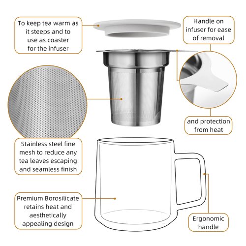 CNGLASS 12oz Double Walled Glass Tea Cup with Stainless Steel Infuser and Lid,Borosilicate Glass Tea Infuser Mug for Loose Tea,Teabag,Set of 1