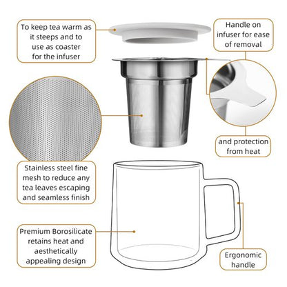 CNGLASS 12oz Double Walled Glass Tea Cup with Stainless Steel Infuser and Lid,Borosilicate Glass Tea Infuser Mug for Loose Tea,Teabag,Set of 1