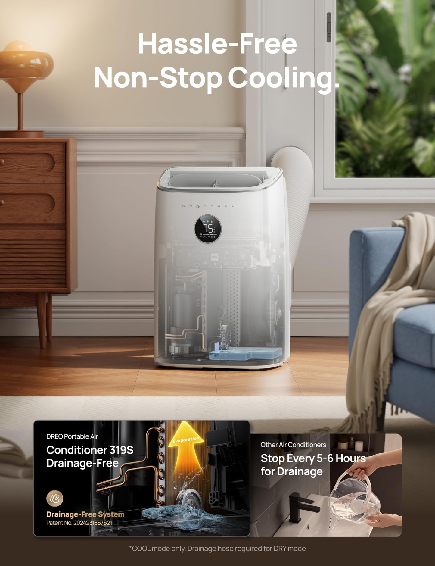 DREO Portable Air Conditioner 318S, 8000 BTU ASHRAE (5000 BTU DOE) Smart AC Unit for Bedroom with Drainage-free Cooling, Fan&Dehumidifier 3 in 1, APP/Voice/Remote, Quiet Standing AC for Room Indoors