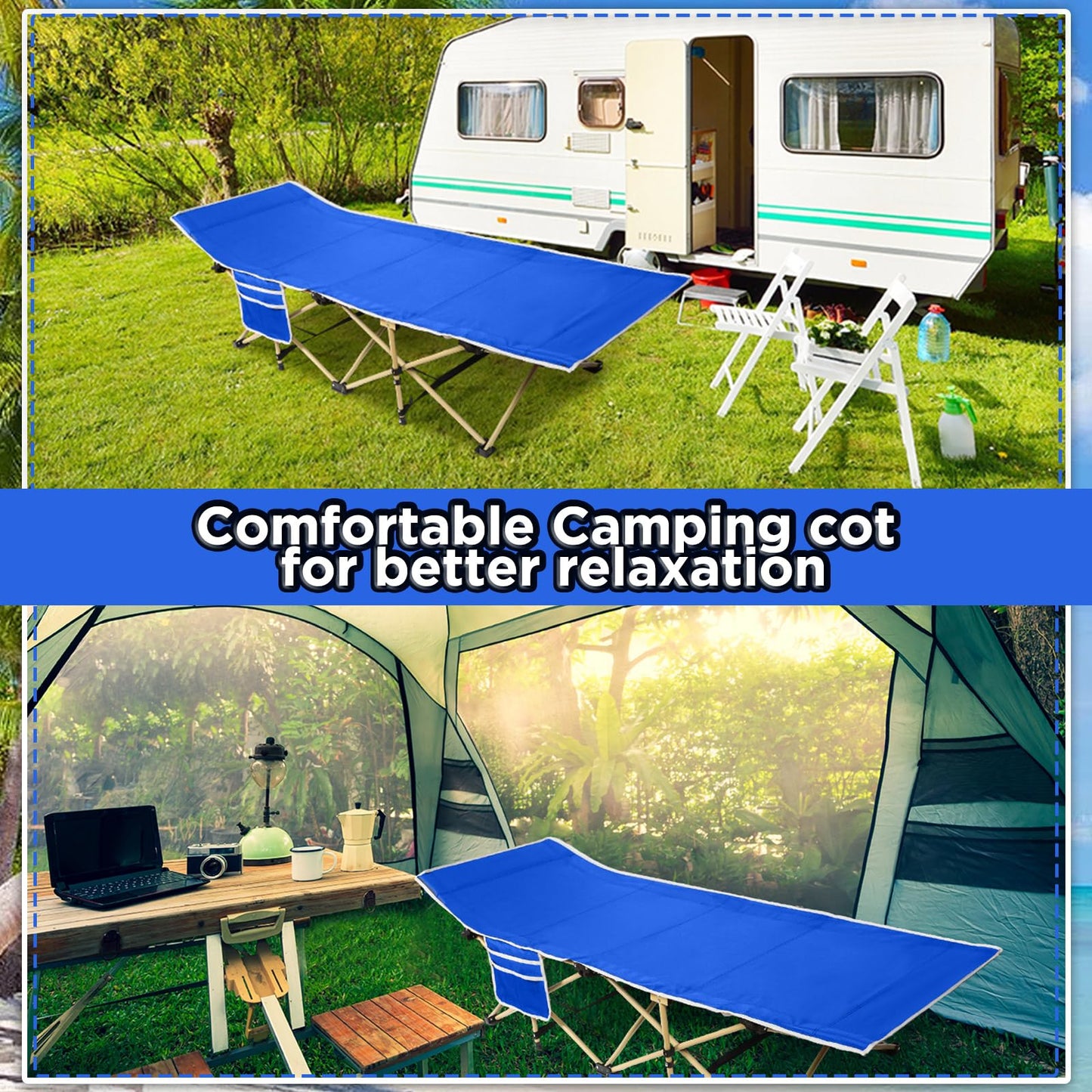 Wenqik 2 Pack 450lbs Max Load Camping Cot for Adults with Carry Bag Portable Folding Outdoor Sleeping Cot Heavy Duty Bed for Traveling Camp Military Office Nap Beach Home Lounging(Royal Blue)