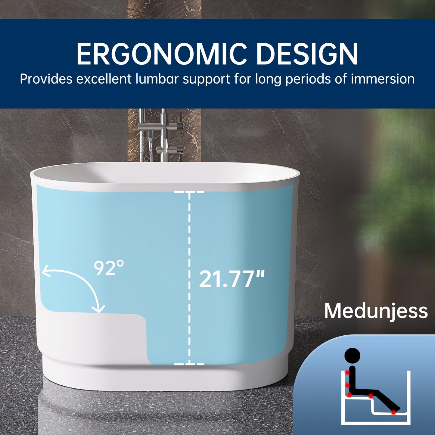 MEDUNJESS 39" Stone Resin Janpanese Soaking Tub, Freestanding Deep Soaking Bathtub with Seat Desgin,Toe-tap Chrome Right Drain, Slotted Overflow, cUPC Certified, in Matte White