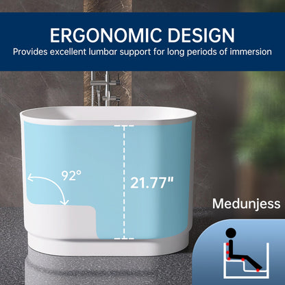 MEDUNJESS 39" Stone Resin Janpanese Soaking Tub, Freestanding Deep Soaking Bathtub with Seat Desgin,Toe-tap Chrome Right Drain, Slotted Overflow, cUPC Certified, in Matte White
