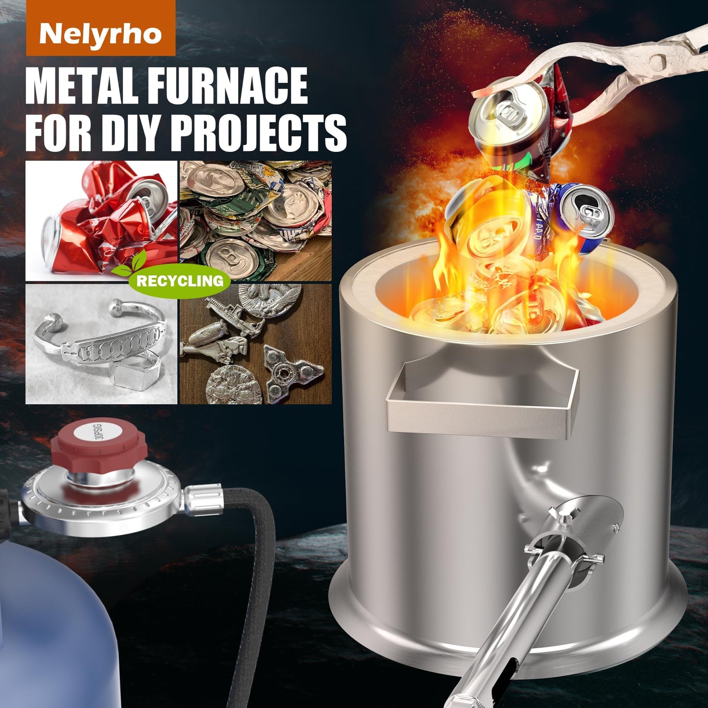 Nelyrho 6KG Melting Furnace Kit, Stainless Steel Foundry with Crucible Tongs, Ingot Mold, Goggles, Gloves, Carry Bag, Ideal for Smelting Silver, Copper, and Aluminum, Metal Recycling Casting Tool
