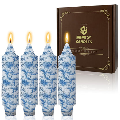 5 Inch Blue Flowers Chunky Taper Candles Short Handmade Blue and White Candle Sticks Smokeless Unscented Tapered Candles for Blue Wedding Present Spa Meditation Housewarming Home Decoration