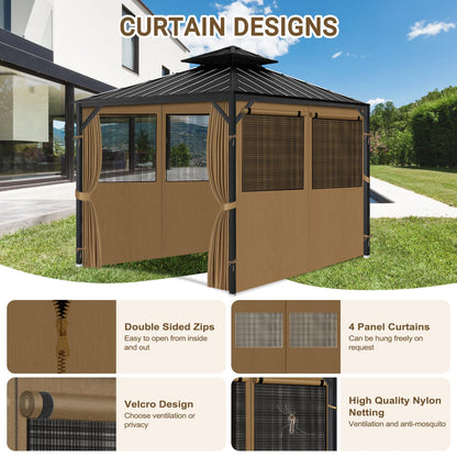 Gazebo Privacy Curtain 10'x10', Replacement Curtains with Mosquito Net Windows, 4-Panels Side Wall, Zippers, Waterproof Outdoor Curtains for Patio, Canopy, Garden and Backyard, Khaki (Curtain Only)