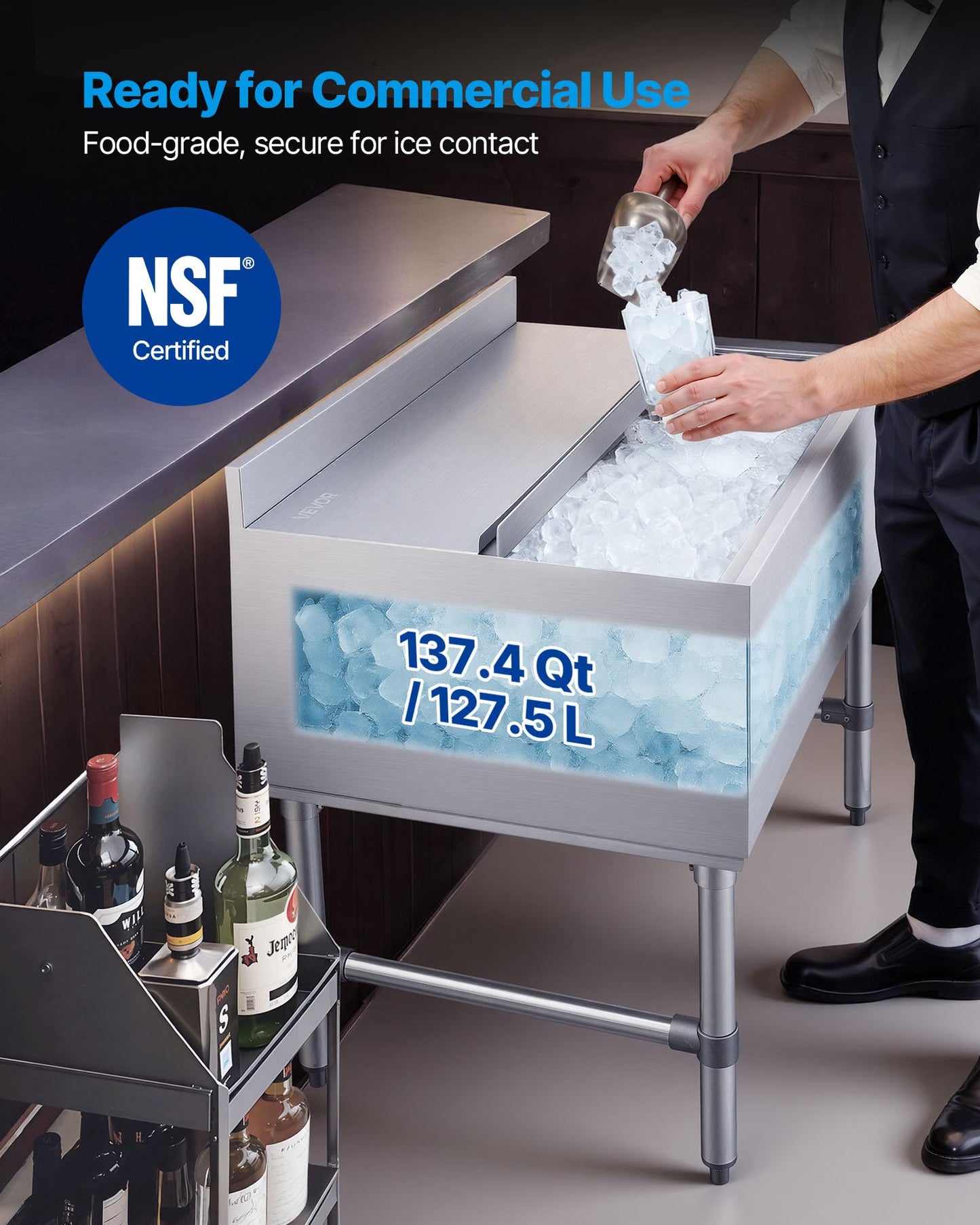 VEVOR Commercial Ice Bin, 134.7 Qt Max Capacity, 36 x 24 x 33 Inch Stainless Steel Ice Chest with Sliding Lid, 24H Long-Lasting Insulation, Cooler Cart Cocktail Unit for Bar Restaurant Pub, NSF