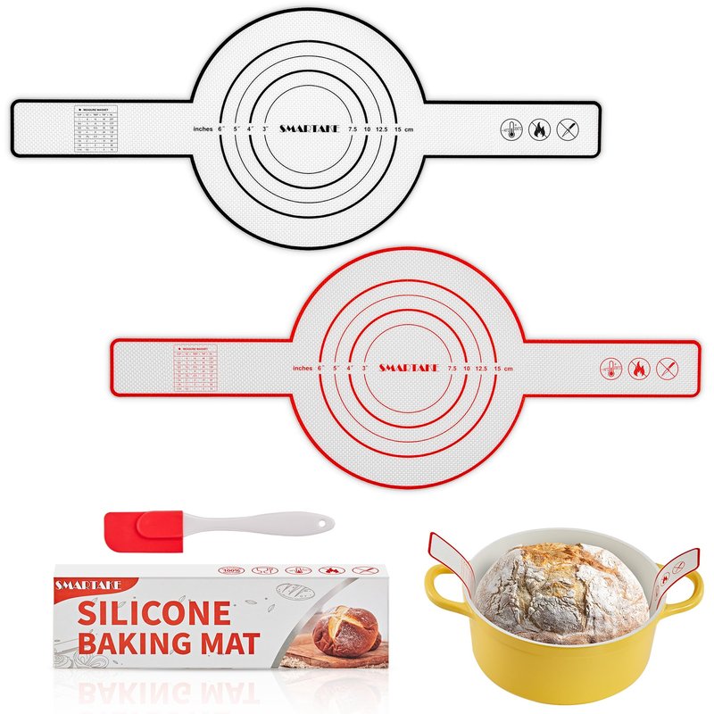 SMARTAKE 2-Pack Silicone Bread Sling for Dutch Oven, Reusable Bread Baking Mats with Long Handles, Include Spatula, Non-Stick Bread Baking Sheet Liners for Transferable Dough Pastry (Red & Black)