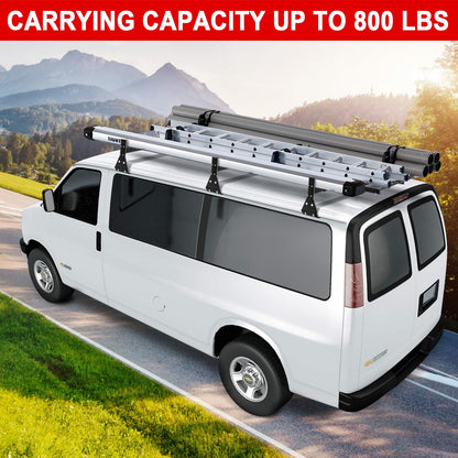 LMYYGOO Universal Van Ladder Rack with Rear Roller, Adjustable 57"-65" with Ladder Stoppers for Chevy Express 1500 2500 3500 Ford Econoline GMC Savana Full-Size, Fits Rain Gutter Vans, 800LB Capacity