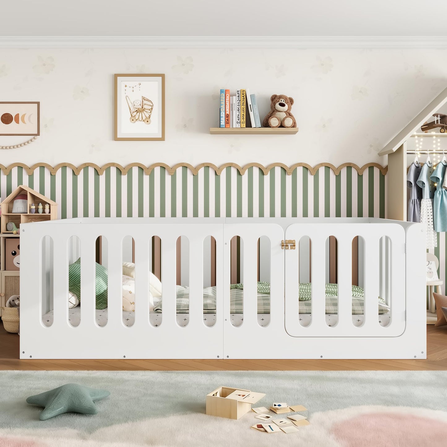 GDFStudio Twin Size Montessori Floor Bed with Door, Solid Wood Kids Floor Bed Frame, Low Profile No Box Spring Needed, House Style Design, Sturdy Slat Support, Light White Finish