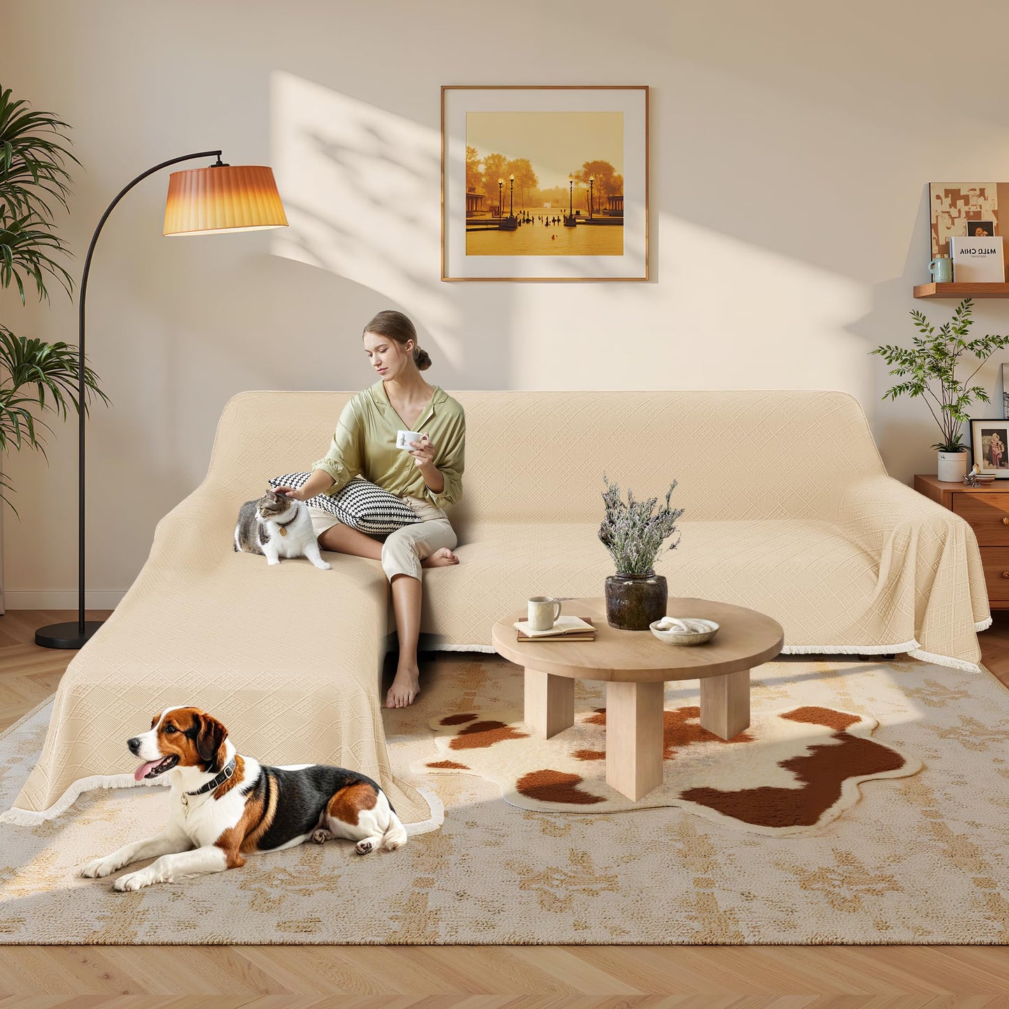 HYZOTEX Waterproof L Shaped Sectional Couch Covers Blanket 2 Piece Sectional Sofa Cover Washable L Shape Sofa Slipcover Jacquard Quilted Furniture Protector for Dogs Pets Cats (XX-Large, Light Beige)