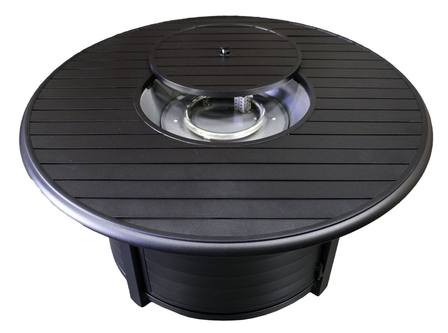 Hiland 48'' Extruded Aluminum Round Slatted Top Propane Fire Pit Table with Lid, Clear Fire Glass, Regulator and Hose, 42,000 BTU, Black