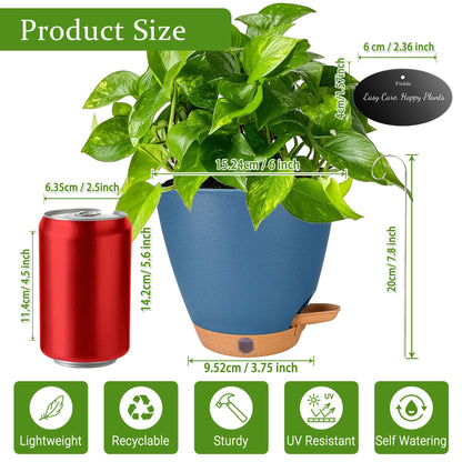 6 Inch Self Watering Pots for Indoor Plants (5-Pack) – Small Plastic Planters with Water Window, Drainage Holes & Trays, Indoor Outdoor Flower Pots for Herbs, Succulents, Home Garden Decor (Navy Blue)