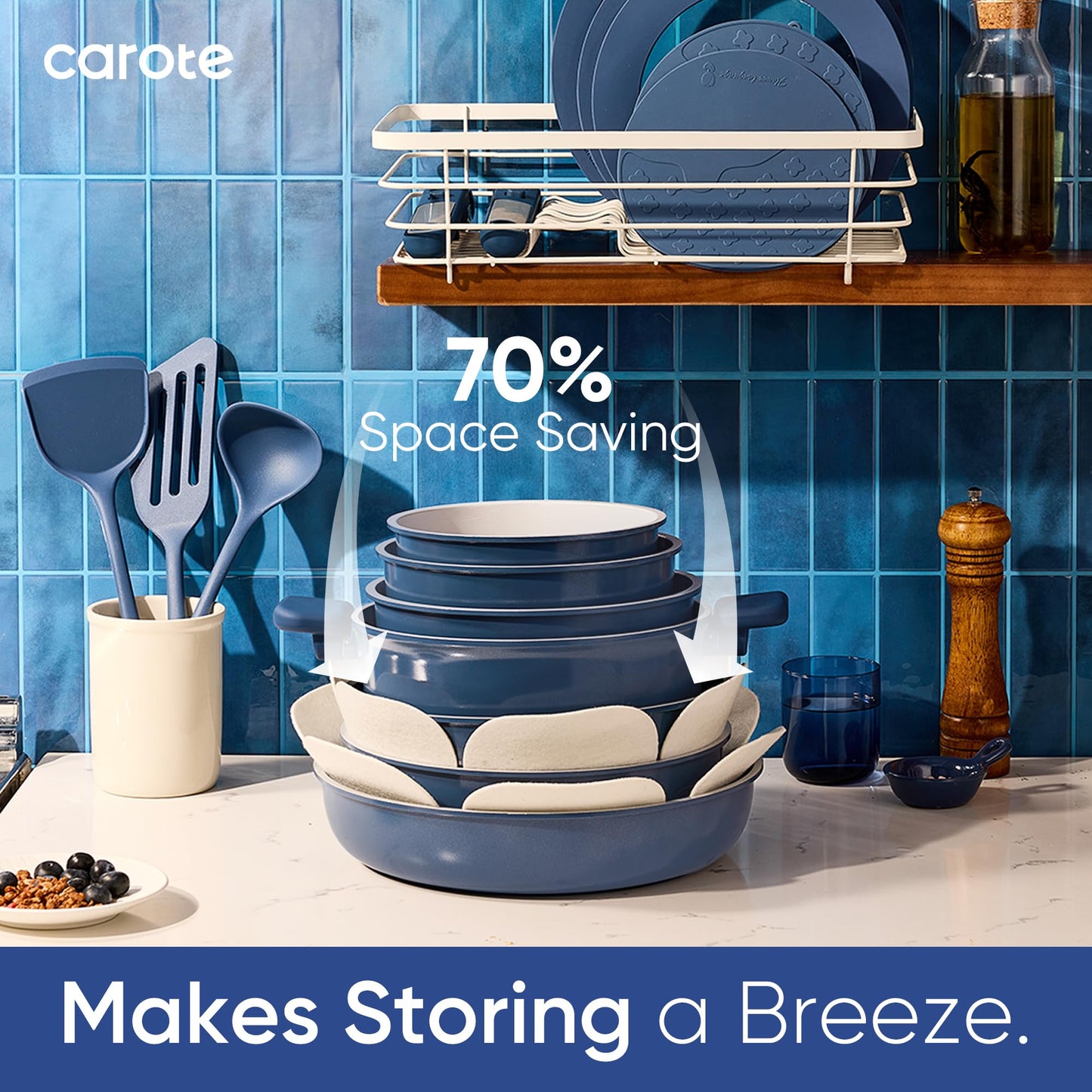 CAROTE 27pcs Ceramic Cookware Set Nonstick, Pots and Pans Set Non Stick, Non Toxic Cookware Detachable Handles, Dishwasher/Oven Safe, RV/Camping Cookware with Kitchen Utensils, Blue