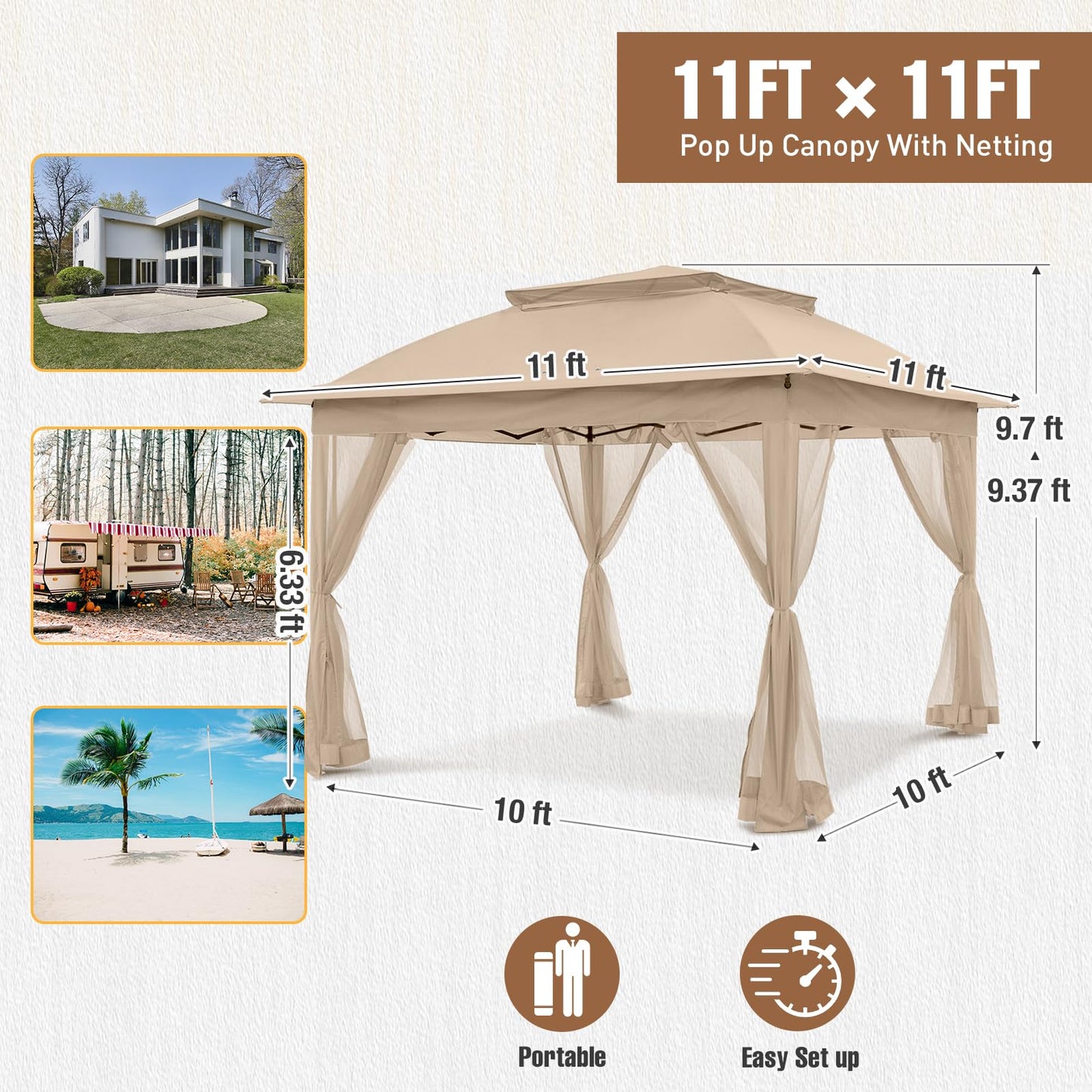 INTER HUT 11x11 Pop Up Gazebo Tent with Mesh Netting, Instant Outdoor Canopy with UPF 50+ UV Protection, Water Resistant, Khaki