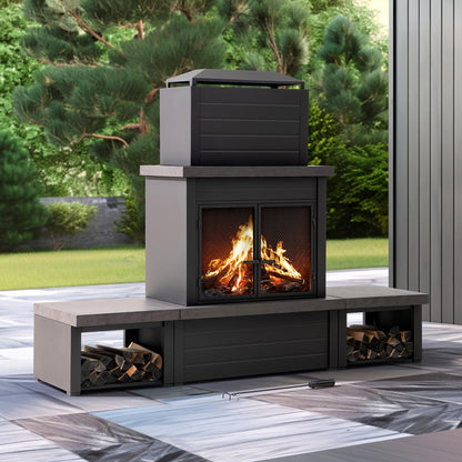 SUNJOY Outdoor Fireplace with Wood Storage and Chimney, Steel Metal Wood Burning Fire Pit with Mesh Spark Screen Door & Fire Poker, Fireplace Tool and PVC Cover, for Patio Garden Deck Backyard, Brown