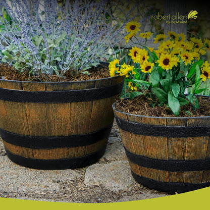Headwind Whiskey Barrel Planter – 15 Inch New Wood Barrel Planters for Outdoor Plants – Weather-Resistant Flower Pot with Wooden Finish – Decorative Indoor & Outdoor Garden Planter by Robert Allen