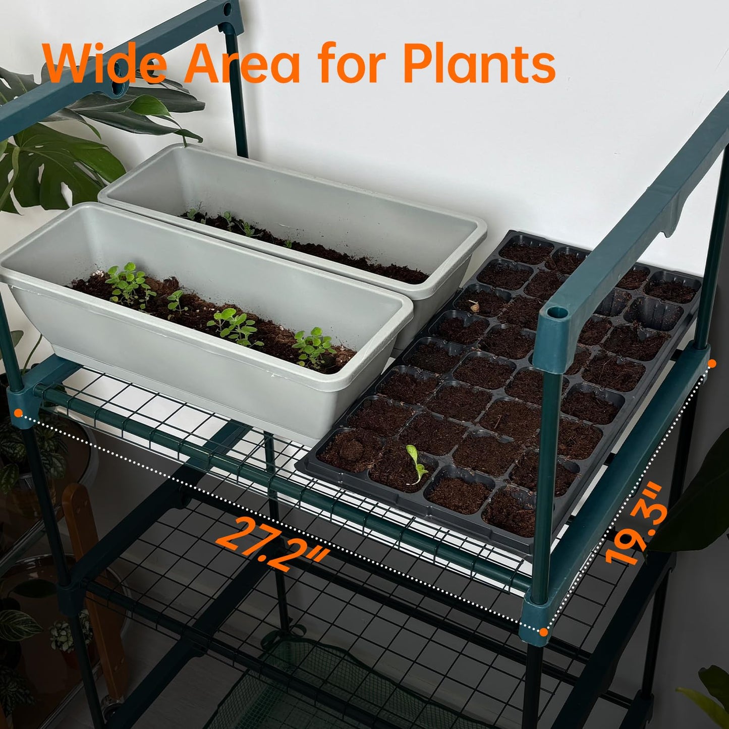 Bstrip Indoor Greenhouse with Grow Lights, PVC Tent with Waterproof Base Mat, Airflow Windows&Zippered Door, 4Pcs Grow Lights for Seed Starting with Timer, 4-Tier Greenhouse Shelf 27.2x19.3x61.8in