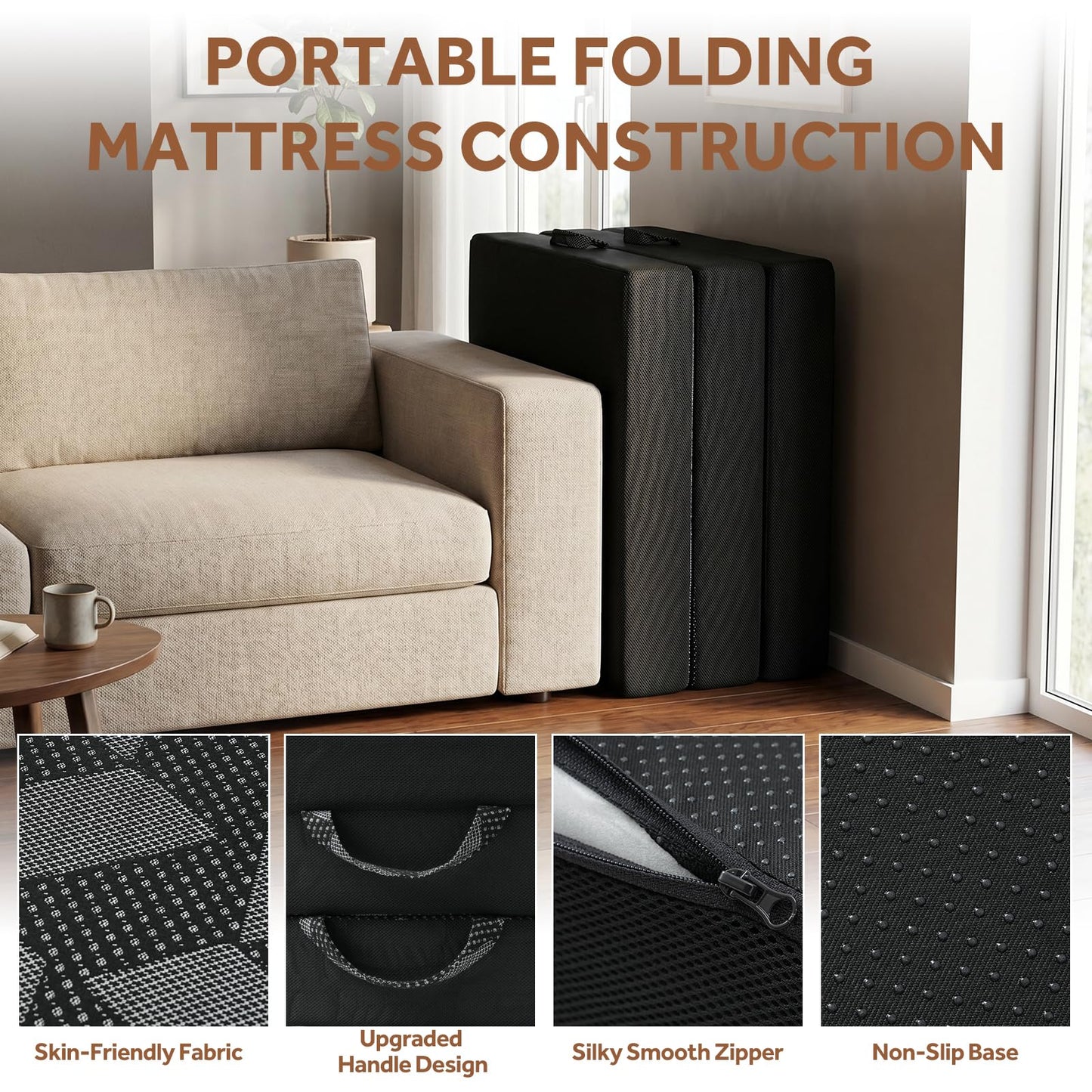 Tri Folding Mattress Twin Size - Memory Foam Tri-fold Mattress, Handle & Non-Slip Bottom, Portable Foldable Sofa Bed Floor Chair for Travel RV Camping Guest Yoga - 4 Inch, 75" 38"x4"