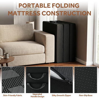 Tri Folding Mattress Twin Size - Memory Foam Tri-fold Mattress, Handle & Non-Slip Bottom, Portable Foldable Sofa Bed Floor Chair for Travel RV Camping Guest Yoga - 4 Inch, 75" 38"x4"